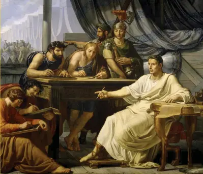  ??  ?? Caesar relates his experience­s to scribes, in a c19th- century painting. One of Caesar’s chief motives for invading Britain was to burnish his reputation but even he had to admit the operation hadn’t gone to plan
