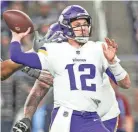  ?? ?? Minnesota Vikings quarterbac­k Nick Mullens passes against the Las Vegas Raiders on Sunday.