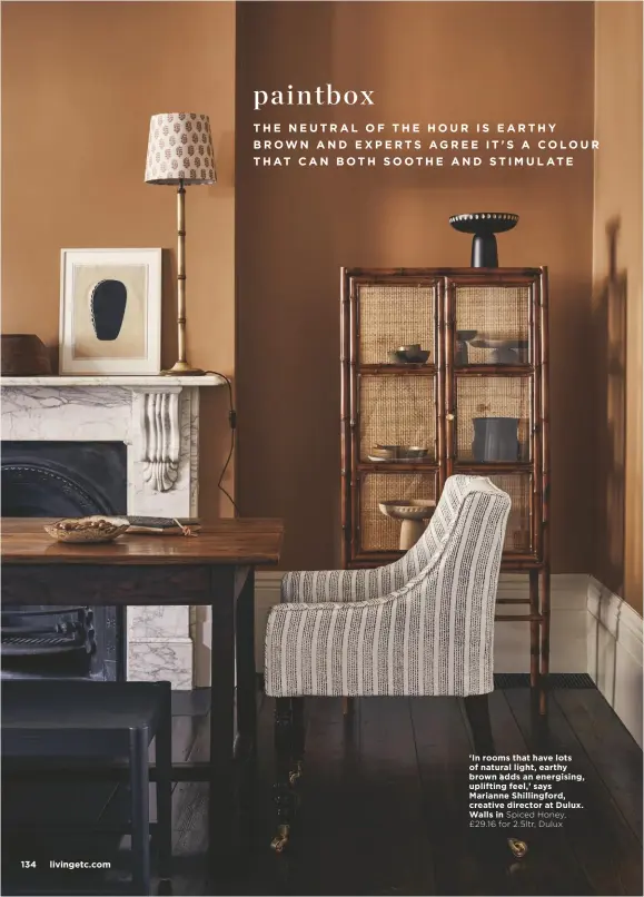  ??  ?? ‘In rooms that have lots of natural light, earthy brown adds an energising, uplifting feel,’ says Marianne Shillingfo­rd, creative director at Dulux. Walls in Spiced Honey, £29.16 for 2.5ltr, Dulux