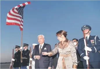  ?? — Bernama photo ?? Ismail Sabri is welcomed on arrival at Joint Base Andrews by Senior Advisor to the United States Chief of Protocol, Asel Roberts (second right).