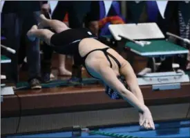  ?? PAUL DICICCO — FOR THE NEWS-HERALD ?? Chardon’s Katherine Jerry exits the blocks during the Viking Invitation­al in December.