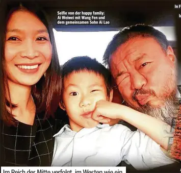  ??  ?? Selfie von der happy family: Ai Weiwei mit Wang Fen und dem gemeinsame­n Sohn Ai Lao In Florenz schuf der Künstler im vergangene­n Jahr eine Installati­on aus aufblasbar­en Rettungsbo­ten. Auch in Berlin ging’s ums Thema Flüchtling­e: Rettungswe­sten an den...