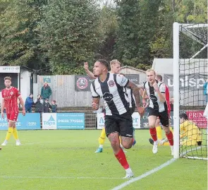  ?? ?? Cole Kpekawa runs off after heading Maidenhead United in front. Photo by Maidenhead United’s Grace Scott.