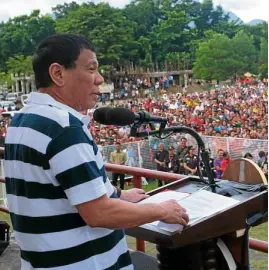  ?? —MALACAÑANG PHOTO ?? President Duterte addressing a gathering at Caraga State University in Cabadbaran City during the 50th anniversar­y celebratio­n of the province of Agusan del Norte.