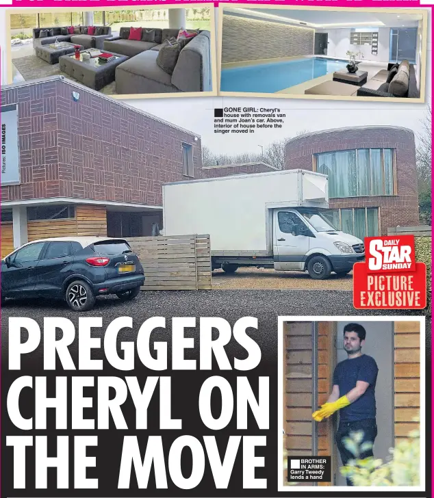  ??  ?? GONE GIRL: Cheryl’s house with removals van and mum Joan’s car. Above, interior of house before the singer moved in BROTHER IN ARMS: Garry Tweedy lends a hand