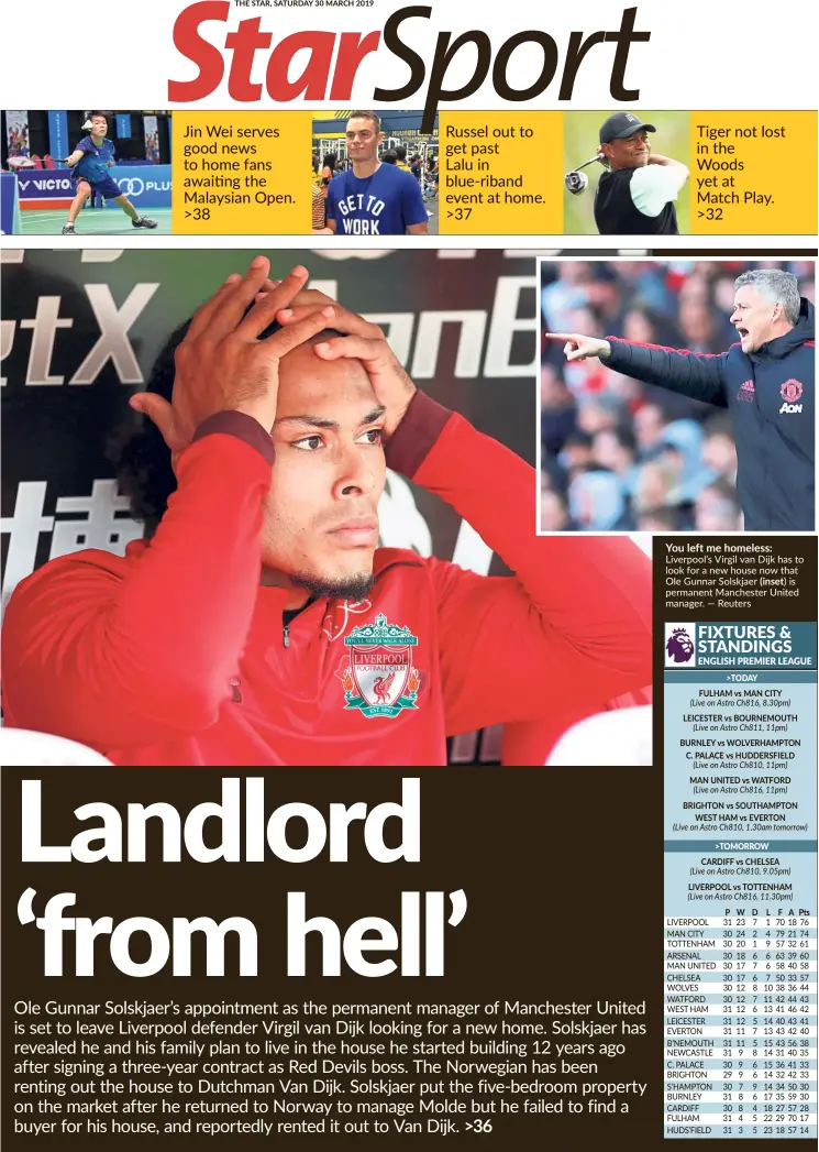  ?? — Reuters ?? You left me homeless: Liverpool’s Virgil van Dijk has to look for a new house now that Ole Gunnar Solskjaer (inset )is permanent Manchester United manager.