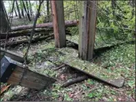  ?? Submitted photo ?? BRIDGE DAMAGED: The suspension bridge on Falls Branch Trail that leads to the waterfall at Lake Catherine State Park was destroyed during severe weather that hit the area Sunday night. Photo is courtesy of Superinten­dent Cheryl Vincent, who said that they hope to reopen the trails by this weekend.