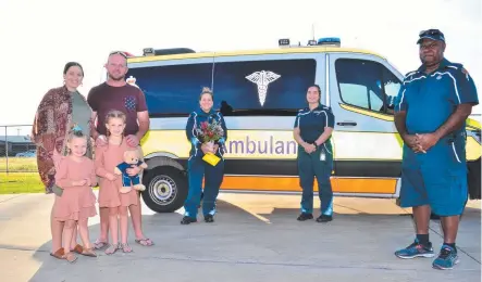  ??  ?? SUCCESS STORY: Paramedics Samantha Fowler, Sarah Warnick and Peter Heron have reunited with patient Chris Reid, his wife Charmaine and their children Dana and Addison. Chris is lucky to be alive after going into cardiac arrest last year.