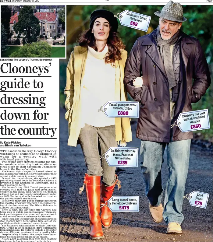  ??  ?? Sprawling: The couple’s Thameside retreat Cash mere Porto beret , lano £65 Tassel pompom wool sweater, Chloe £880 carcoat Burberry filled withdown- warmer £850 Le Skinny mid-rise jeans, Frame at Net-a-Porter £235 Levi jeans Long tassel boots, Penelope...