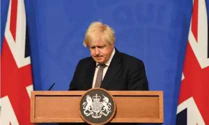 ?? Photograph: Reuters ?? ‘The prime minister simply cannot be straight with people that this is a gamble.’ Boris Johnson at Monday’s Covid press conference.