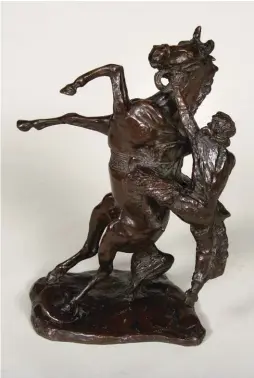  ??  ?? Charles M. Russell (1864-1926), Where the Best of Riders Quit, bronze, lifetime cast, Roman Bronze Works, 14½” Estimate: $300/500,000