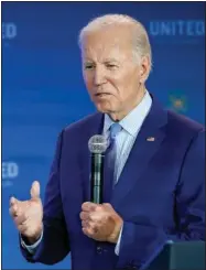  ?? (AP/Susan Walsh) ?? President Joe Biden speaks Thursday during the United We Stand Summit in the East Room of the White House in Washington. The summit was aimed at combating a spate of hatefueled violence in the U.S., as he works to deliver on his campaign pledge to “heal the soul of the nation.”