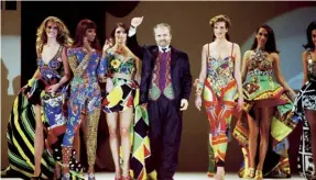  ??  ?? A master of his art Founder Gianni Versace with Claudia Schiffer, Naomi Campbell, Jennifer Flavin, Tatjana Patitz and Gail Elliott in 1991; Donatella with Gianni, Sting and Trudie Styler in 1992; Diana, Princess of Wales and Elton John at Gianni’s...