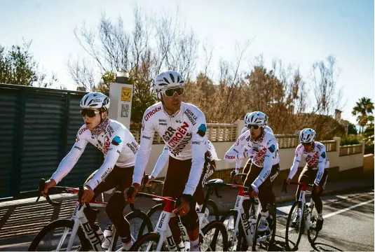  ??  ?? Ag2r-citroën have a new name and a host of new arrivals after saying goodbye to Romain Bardet and the ‘La Mondiale’ bit, but the team’s longstandi­ng commitment to brown shorts is unflinchin­g