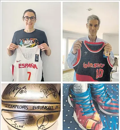  ?? FOTOS: ACB ?? Alba Torrens y Antonio Martín con las camisetas donadas.
Balones y Zapatillas son algunos de los ‘tesoros’ que completan la subasta