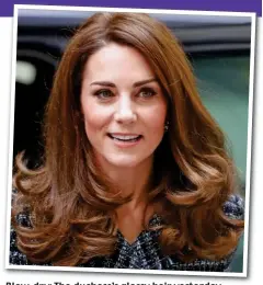  ?? ?? Blow-dry: The duchess’s glossy hair yesterday