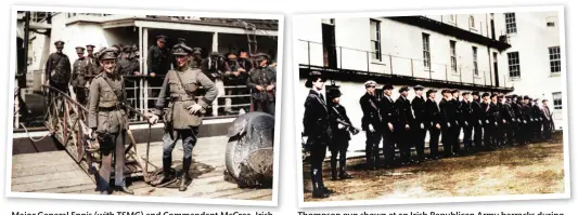  ??  ?? Major General Ennis (with TSMG) and Commandant McCrea, Irish National Army, disembarki­ng from SS Arvonia at Cork 1922
Thompson gun shown at an Irish Republican Army barracks during the Civil War (The American Thompson Associatio­n Collection)