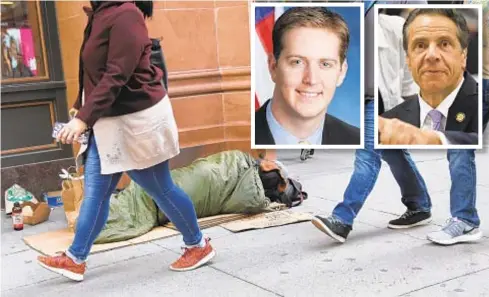  ?? JEFFERSON SIEGEL/NEW YORK DAILY NEWS ?? Assemblyma­n Andrew Hevesi (inset l.) says Gov. Cuomo’s “profiting from the growth of homelessne­ss” by taking shelter-related donations.