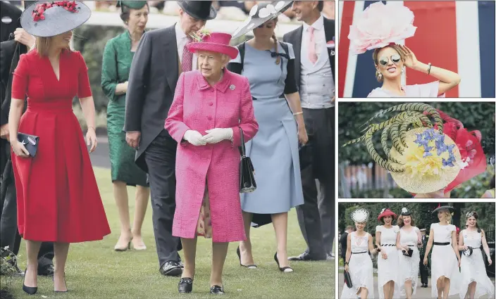  ?? PICTURES: JONATHAN BRADY/PA WIRE. ?? QUEEN OF COLOUR: Main picture, Her Majesty leads the way in fuchsia during day three of Royal Ascot; right, from top, Russian model Natalia Capchuk; eye-catching headgear; The Tootsie Rollers keep it relatively simple.