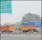  ?? HT ?? Trucks at Delhigurga­on border on Sunday.