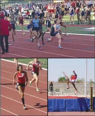  ?? Contribute­d photos ?? CIF TITLES — Top: Quartz Hill’s Iman Babineaux hands off the baton to Angela Rubio in the CIF-Southern Section Division 1 4x400 relay last Saturday. Bottom left: Paraclete’s Brianna Smith races toward the finish line to win the Division 4 300 hurdles on Saturday. Bottom right: Mojave’s Rae’kwon Alvez competes in the high jump at the DML finals earlier this year. Alvez won the Division 4 boys high jump.