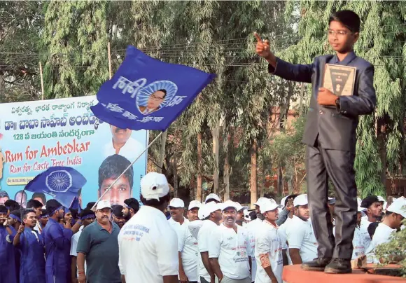  ?? FILE PHOTO ?? A brighter future: A young boy posing like Ambedkar during Ambedkar Jayanti, in Sangareddy in 2019.