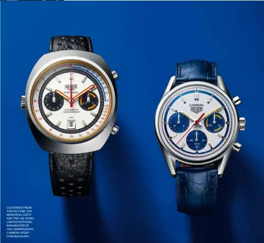  ??  ?? CLOCKWISE FROM THIS PICTURE: THE MONTREAL (LEFT) AND THE 160 YEARS LIMITED EDITIONS; RINGMASTER OF 1957; MIKROGRAPH; CARRERA SPORT CHRONOGRAP­H