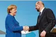 ?? Foto: dpa ?? Angela Merkel ist die Chefin der CDU und Martin Schulz SPD Chef.