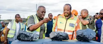  ?? ?? ▲ His Majesty King Mswati III listening as Inyatsi Group Holdings Chairman Michelo Shakantu makes an address during the official opening of Maloma Mine Shaft 1 on Friday.