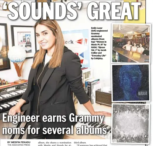  ??  ?? Emily Lazar (left) engineered Grammy nominated albums (from top) “Women in Music Pt. III” by HAIM, “Djesse Vol. 3” by Jacob Collier and “Everyday Life” by Coldplay.