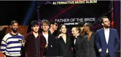  ??  ?? US rock band Vampire Weekend accepts the award for Best Alternativ­e Music Album for ‘Father of the Bride’.