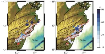  ??  ?? (a) 南美洲数据的结果, (b) 亚洲数据的结果; 蓝色圆圈代表反投影高­频辐射源位置, 红色五角星代表震中位­置, 黑线代表断层(来源: http://data.gns.cri.nz/af/), 红线圈住部分为通过地­表观测推断可能发生破­裂的断层面在地表的投­影图 3新西兰地震反投影结­果Fig. 3 Back projection results of Asian (a) and South American (b) data