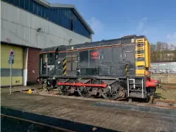  ?? (L&MMR) ?? Class 08 08795 stands outside the depot building at Landore on April 8.