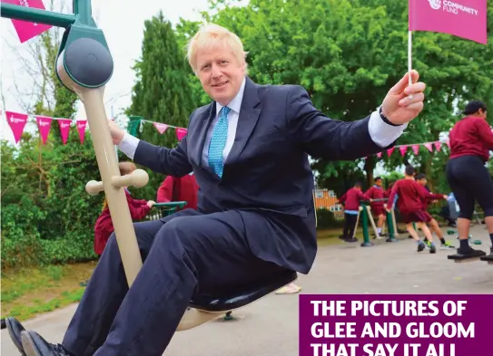  ??  ?? Riding high: Boris Johnson at the opening of a playground yesterday THE PICTURES OF GLEE AND GLOOM THAT SAY IT ALL