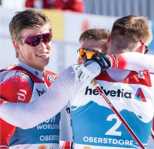  ?? FOTO: TERJE PEDERSEN / NTB ?? Johannes Høsflot Klaebo tv. vinner i finalen på sprint under VM på ski i Oberstdorf. Her sammen med Håvard Solås Taugbøl og Erik Valnes til høyre.