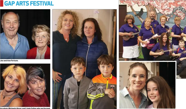  ??  ?? Joe and Ann Fortune. Acrobats Michaela Hayer and Linda Cullen who performed at the festival. Aisling O’Reilly, Aoife O’Reilly and her sons Ross and Keith O’Reilly. Mary Fleming and Siofra Byrne.