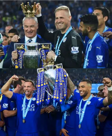  ?? Foto: GETTY IMAGES ?? Kasper Schmeichel ”kröner” Claudio Ranieri. Nedre bilden: Danny Drinkwater och Danny Simpson.