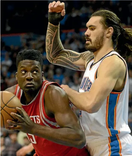  ?? USA TODAY SPORTS ?? Oklahoma City Thunder’s Steven Adams tries to pressure Houston Rockets centre Clint Capela into making an error.