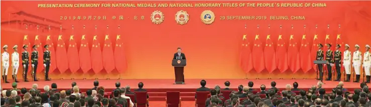  ?? September 29, 2019. ?? Chinese President Xi Jinping delivers a speech at the presentati­on ceremony of the national medals and honourary titles of the People’s Republic of China at the Great Hall of the People in Beijing, capital of China,