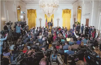  ?? AP PHOTO ?? MEDIA CRITIC IN CHIEF: President Trump speaks disparagin­gly of many print and TV media outlets during a news conference yesterday in the East Room of the White House in Washington, D.C.