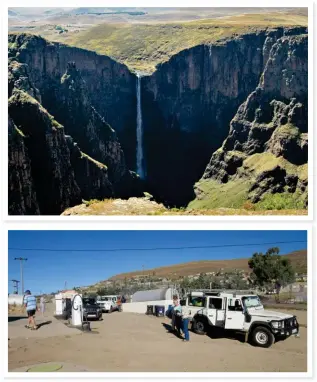  ??  ?? FALLS AND FUEL. Maletsunya­ne Falls (below) tumbles over a basalt ledge into a gorge. The water creates clouds of condensati­on that looks like smoke. At Thaba-Tseka, Liza and her companions finally found some petrol for the Jimny, which had been running on fumes for some time (bottom).