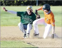  ??  ?? Vaca High’s Aidan Russell is tagged out at second base on an attempted steal by Rodriguez High School shortstop Jack Metcho during the sixth inning of the Bulldogs’ loss to the Mustangs.