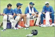  ?? SUBHENDU GHOSH/HT ?? (From left) Cheteshwar Pujara, Ajinkya Rahane, Rohit Sharma and Ravindra Jadeja take a break during training.