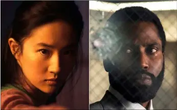  ?? Jasin Boland/Disney via AP (left) and Melinda Sue Gordon/Warner Bros. Entertainm­ent via AP ?? This combinatio­n shows Yifei Liu in the title role of “Mulan,” (left) and John David Washington in a scene from “Tenet.” On Thursday, Christophe­r Nolan’s “Tenet” will arrive in U.S. theaters, the first big movie to head to cinemas since the pandemic began.