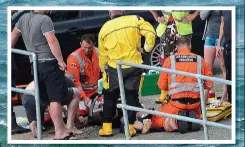  ??  ?? TRAGEDY: The family are rushed to a lifeboat. Above: Paramedics try to resuscitat­e father and child