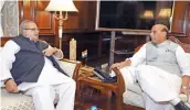  ?? — PTI ?? Jammu &amp; Kashmir governor Satya Pal Malik calls on Union home minister Rajnath Singh in New Delhi on Tuesday.