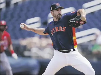  ?? AP PHOTO/SUE OGROCKI ?? Houston Astros starting pitcher Justin Verlander pitches in the first inning of a spring training baseball game against the St. Louis Cardinals, on March 23 in West Palm Beach, Fla.