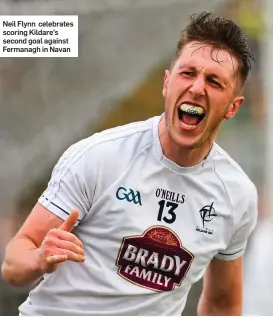  ??  ?? Neil Flynn celebrates scoring Kildare’s second goal against Fermanagh in Navan