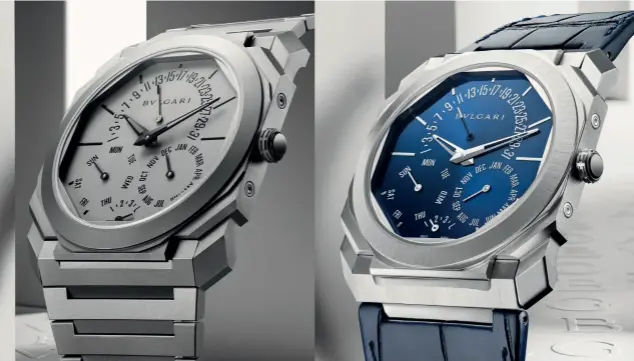  ??  ?? BVLGARI Octo Finissimo Perpetual Calendar in sandblaste­d titanium (left) and in platinum with blue alligator strap