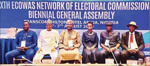  ??  ?? Newly elected Steering Committee of the ECOWAS Network of Electoral Commission (ECONEC). Third from left is outgone ECONEC President and Chairman, Independen­t National Electoral Commission (INEC) Prof. Mahmood Yakubu and new President, Dr Marie Do Lopes Pereira Conclaves (third right)